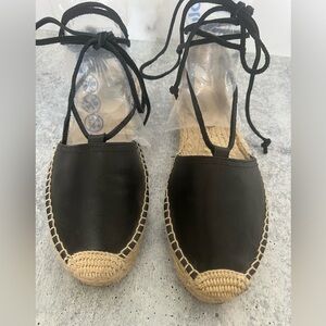 Black Leather Espadrille Lace-Up Women's Shoes